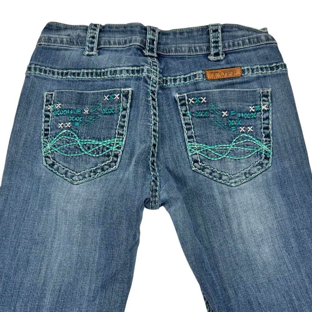 Cowgirl Tuff Co JLASSO Bootcut Jeans Medium Wash Turquoise Stitching 28x33